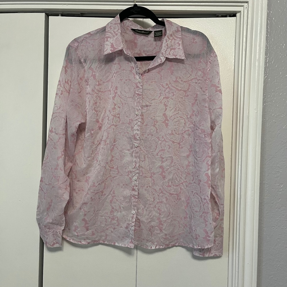 Eddie Bauer Womens XL Pink Paisley Button Down Shirt Long‎ Sleeve Cotton Blend